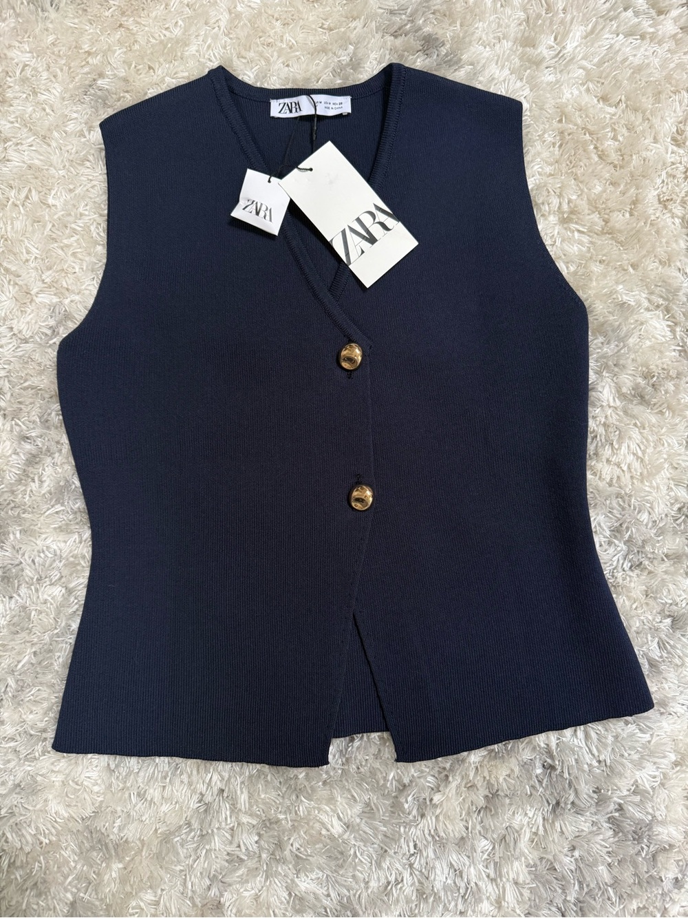 NWT Zara Navy Sleeveless Knit Vest with Gold-Tone Buttons Size M